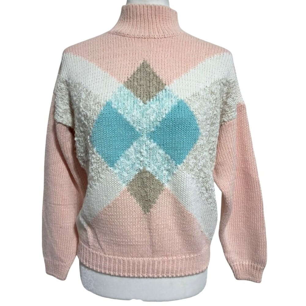 Spice of Life Sweater Womens L Vintage Pastel Argyle Mock Neck Slouchy Knit Soft